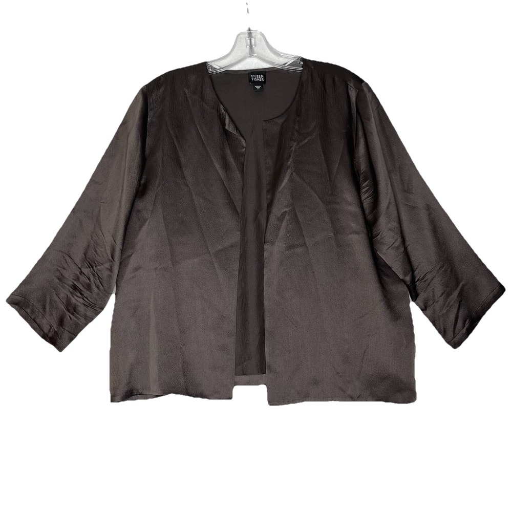 Eileen Fisher Jacket Womens Medium Brown 100%‎ Silk Open Front Kimono 3/4 Sleeve